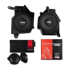 Two car speakers with packaging on a white background