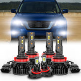 Set of car headlight bulbs with a blurred car in the background
