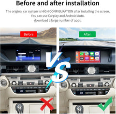 Before and after installation comparison of a car's infotainment system with CarPlay and Android Auto compatibility.