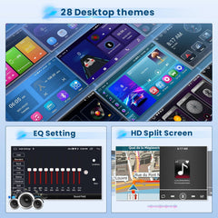 Collage of desktop themes with EQ settings and HD split screen features on a blue background.