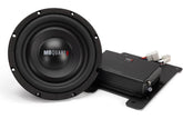 MB Quart car subwoofer and amplifier on a white background
