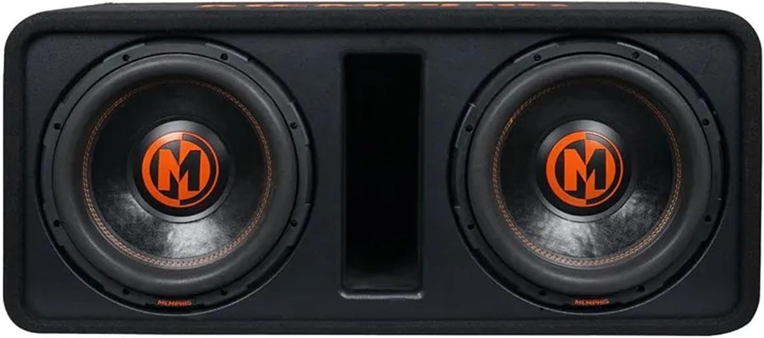 A black dual-subwoofer car audio enclosure with two large woofers and orange circular 'M' logos on the driver centers, shown against a plain white background.