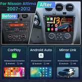Before and after comparison of a car dashboard upgrade for Nissan Altima 2007-2012 with new infotainment system.
