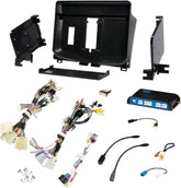 Automotive wiring harness kit with various components on a white background