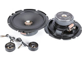 Pair of car speakers with wiring on a white background
