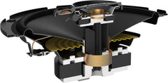 Close-up of a mechanical device with black, gold, and silver components on a white background