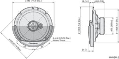 Technical drawing of a Pioneer speaker with dimensions labeled