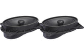 Pair of black car speakers on a white background