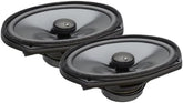 Two car speakers with black grills on a white background