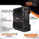 PRV Audio RS Series monoblock amplifier with features highlighted on a white background