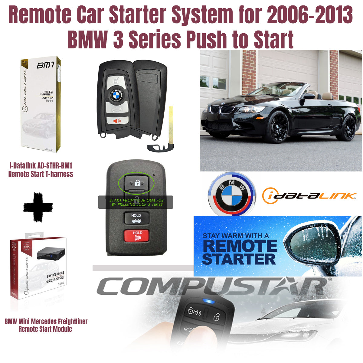 Remote car starter system for 2006-2013 BMW 3 Series with packaging and car in background