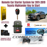 Remote car starter system for 2011-2019 Toyota Highlander with key fob, remote start module, and Toyota logo.