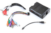 Car audio wiring harness and junction box with multiple cables on a white background
