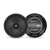 Pair of car speakers with brand logo and specifications on a white background