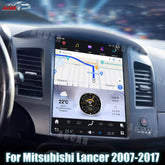 Car dashboard with a navigation system display for Mitsubishi Lancer 2007-2017, with blurred city street in the background.