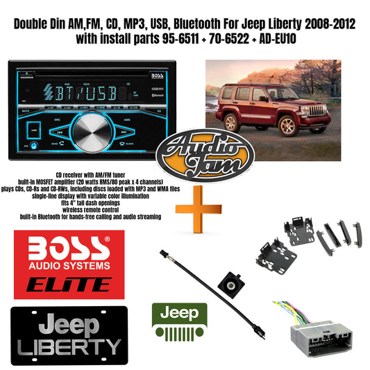 Double Din AM,FM, CD, MP3, USB, Bluetooth For Jeep Liberty 2008-2012 with install parts 95-6511 + 70-6522 + AD-EU10