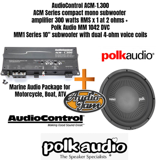 AudioControl ACM-1.300 ACM Series compact mono subwoofer amplifier 300 watts RMS x 1 at 2 ohms +  Polk Audio MM 1042 DVC MM1 Series 10" subwoofer with dual 4-ohm voice coils