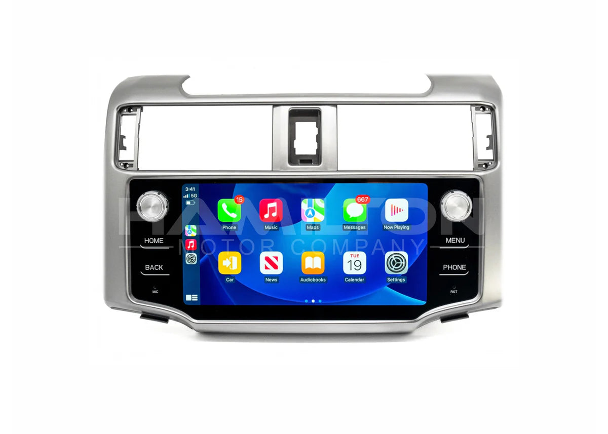 Car stereo dashboard with touchscreen display on a white background