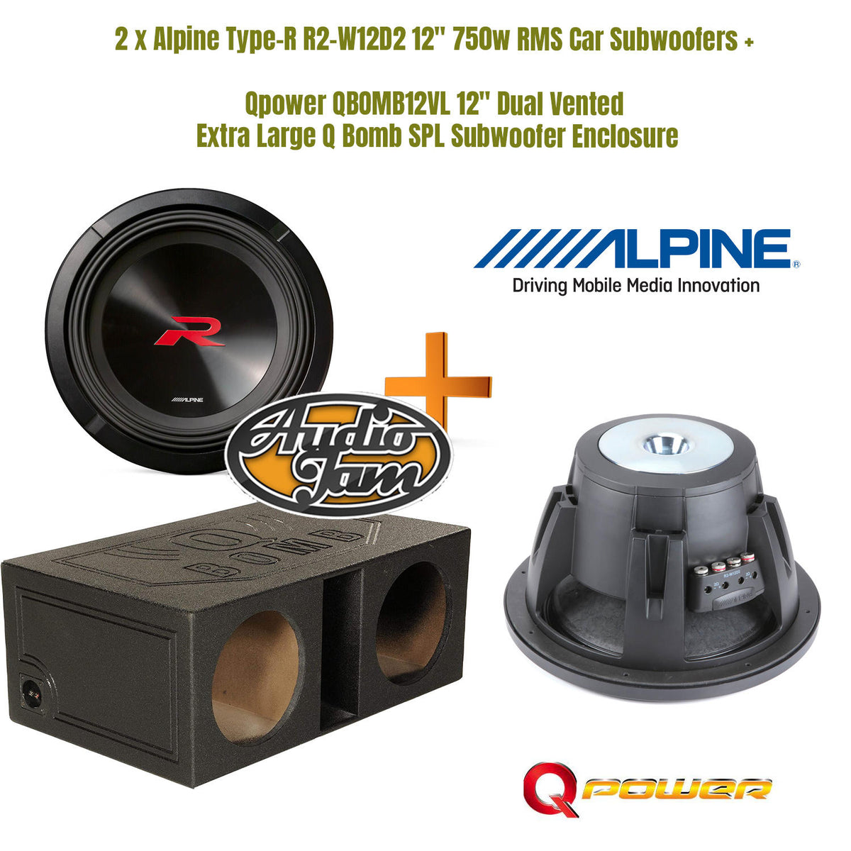 2 x Alpine Type-R R2-W12D2 12" 750w RMS Car Subwoofers +   Qpower QBOMB12VL 2" Dual Vented Extra Large Q Bomb SPL Subwoofer Enclosure