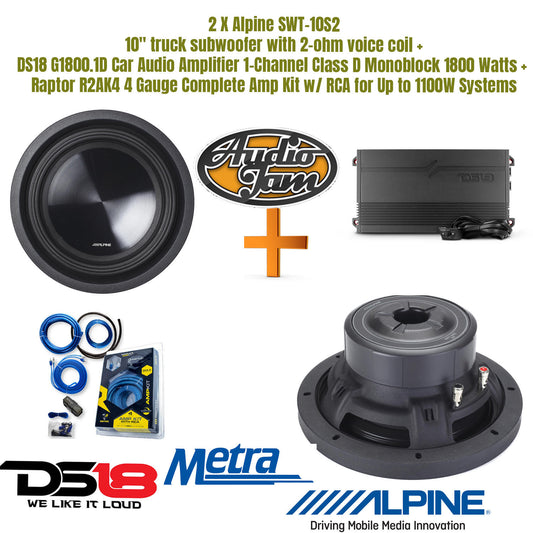 2 X Alpine SWT-10S2 10" truck subwoofer with 2-ohm voice coil + DS18 G1800.1D Car Audio Amplifier 1-Channel Class D Monoblock 1800 Watts + Raptor R2AK4 4 Gauge Complete Amp Kit w/ RCA for Up to 1100W Systems