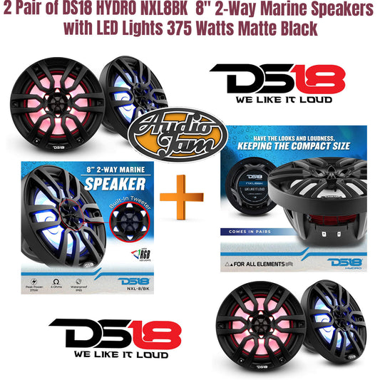 2 Pair of DS18 HYDRO NXL-8BK  8" 2-Way Marine Speakers with LED Lights 375 Watts Matte Black