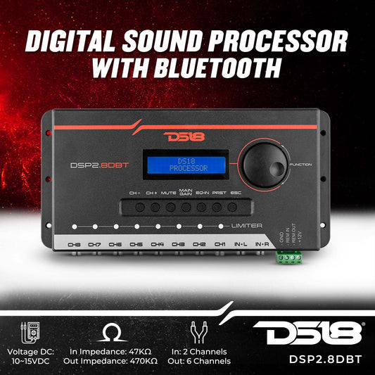 DS18 DSP2.8DBT 2-Channel in and 8-Channel Out Digital Sound Processor with Bluetooth and LCD Screen. Didactic and Intuitive Interface Through The App.