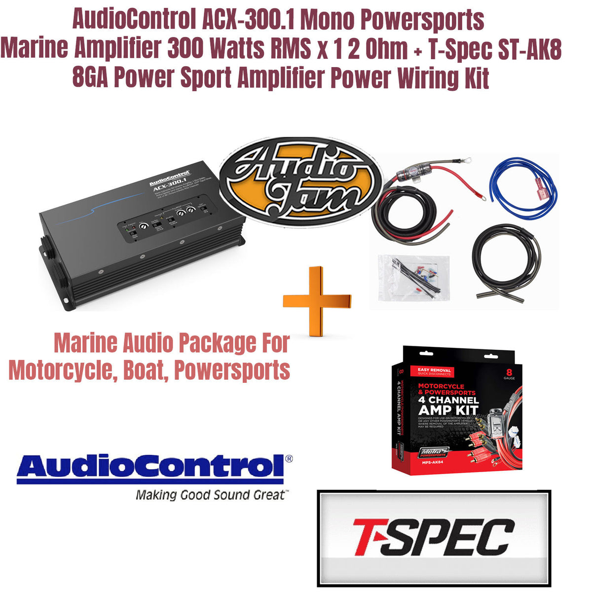 AudioControl ACX-300.1 Mono Powersports/Marine Amplifier 300 Watts RMS x 1 2 Ohm + T-Spec ST-AK8 8GA Power Sport Amplifier Power Wiring Kit