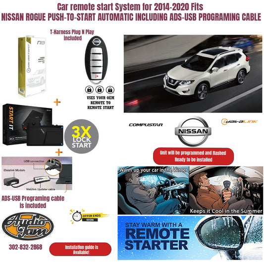 Car remote start System for 2014-2020 Fits  NISSAN ROGUE PUSH-TO-START AUTOMATIC INCLUDING ADS-USB PROGRAMING CABLE