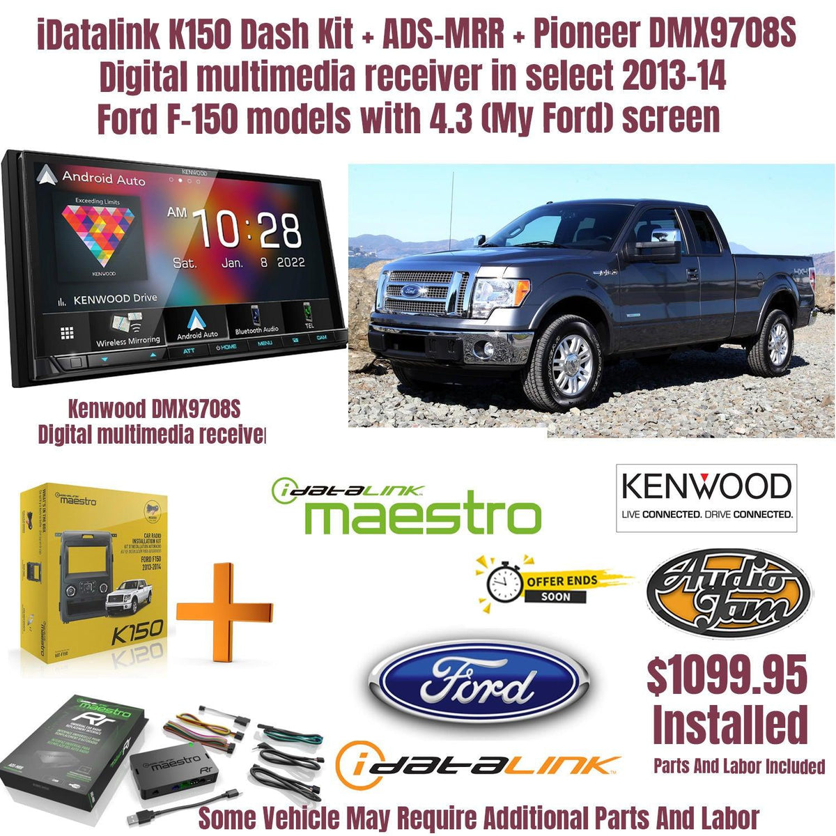 iDatalink K150 Dash Kit + ADS-MRR + DMX9708S  car stereo in select 2013-14 Ford F-150 models with 4.3″ (My Ford) screen