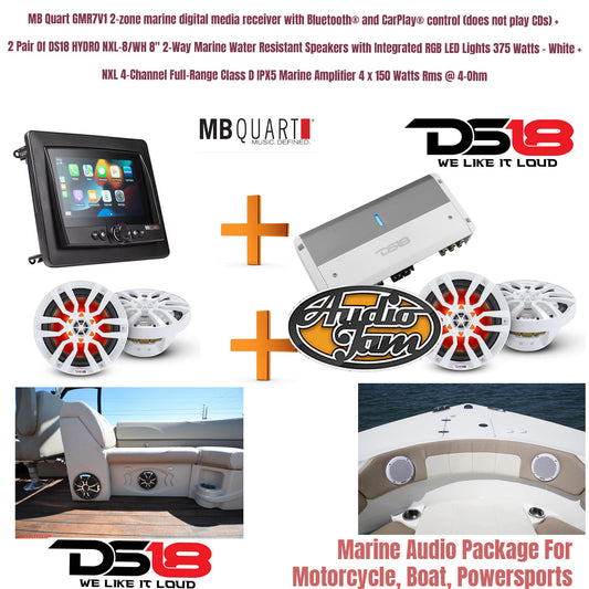MB Quart GMR7V1 2-zone marine digital media receiver with Bluetooth® and CarPlay® control (does not play CDs) +   DS18 HYDRO NXL-8/WH 8" 2-Way Marine Water Resistant Speakers with Integrated RGB LED Lights 375 Watts - White +  NXL 4-Channel Full-Range