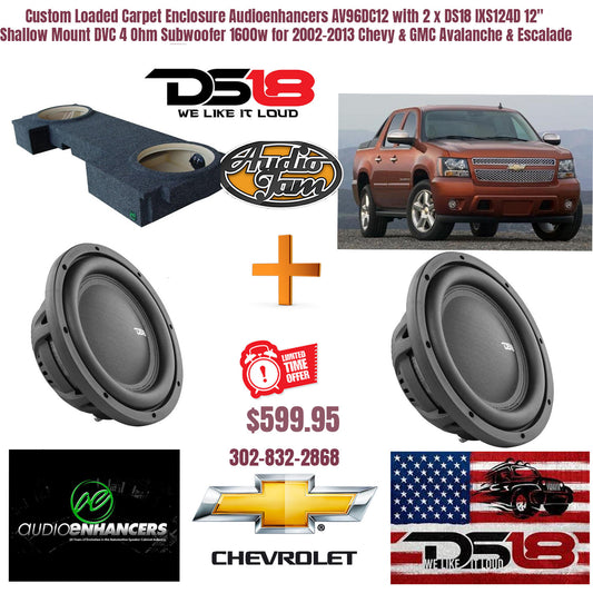 Custom Loaded Carpet Enclosure Audioenhancers AV96DC12 with 2 x DS18 IXS124D 12" Shallow Mount DVC 4 Ohm Subwoofer 1600w for 2002-2013 Chevy & GMC Avalanche & Escalade