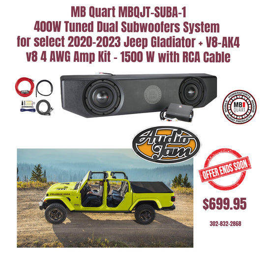 MB Quart MBQJT-SUBA-1 400W Tuned Dual Subwoofers System  for select 2020-2023 Jeep Gladiator + V8-AK4 v8 4 AWG Amp Kit - 1500 W with RCA Cable