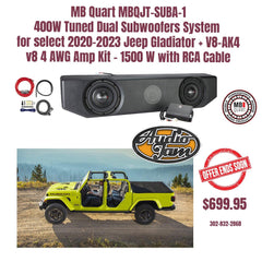 MB Quart MBQJT-SUBA-1 400W Tuned Dual Subwoofers System  for select 2020-2023 Jeep Gladiator + V8-AK4 v8 4 AWG Amp Kit - 1500 W with RCA Cable