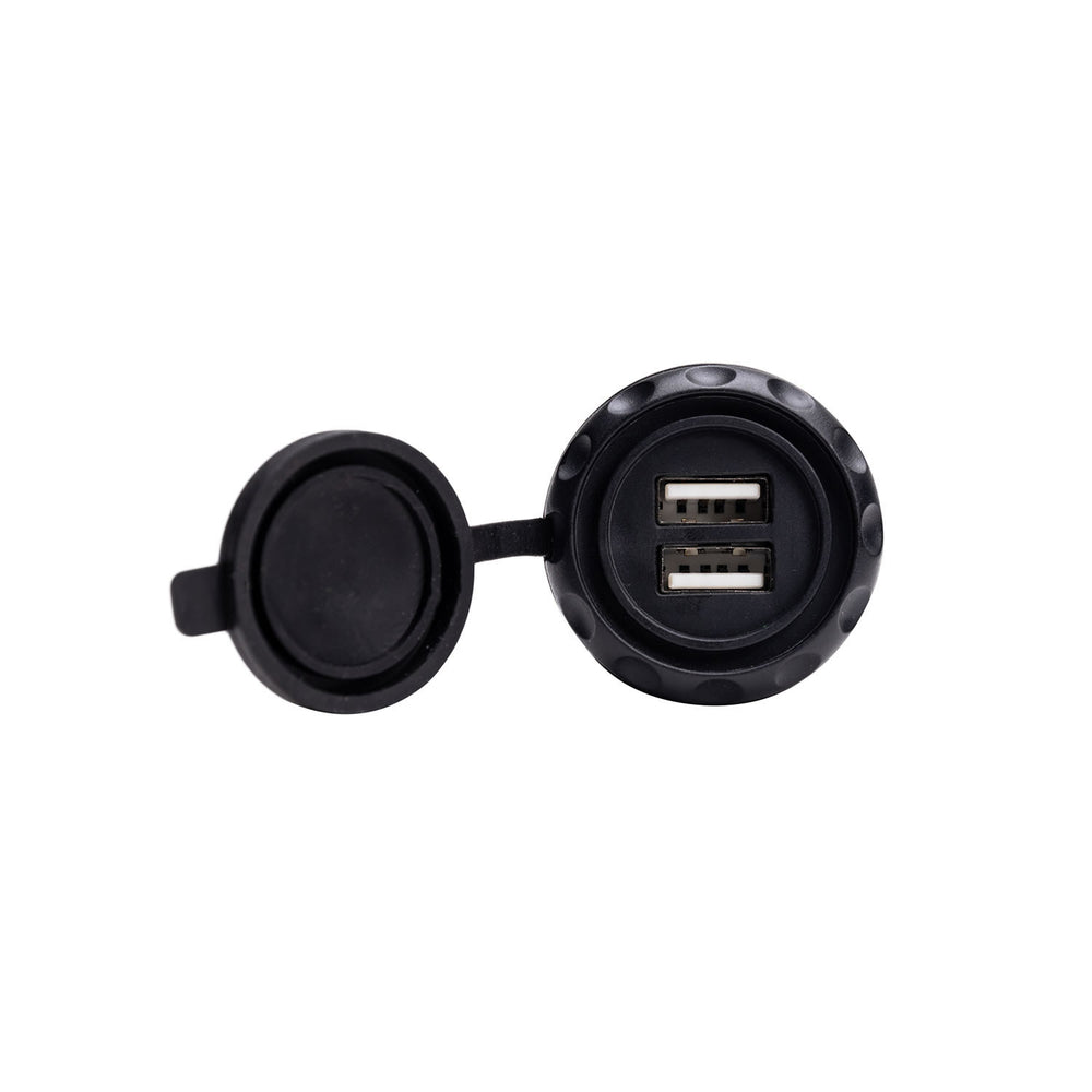 Black car charger with dual USB ports on a white background