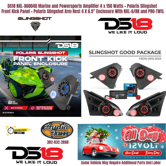 Slingshot Sound System DS18 NXL-X6004D Marine and Powersports Amplifier 4 x 150 Watts + Polaris Slingshot Front Kick Panel + Polaris Slingshot Arm Rest 4 X 6.5" Enclosure With NXL-6/BK and PRO-TW1L