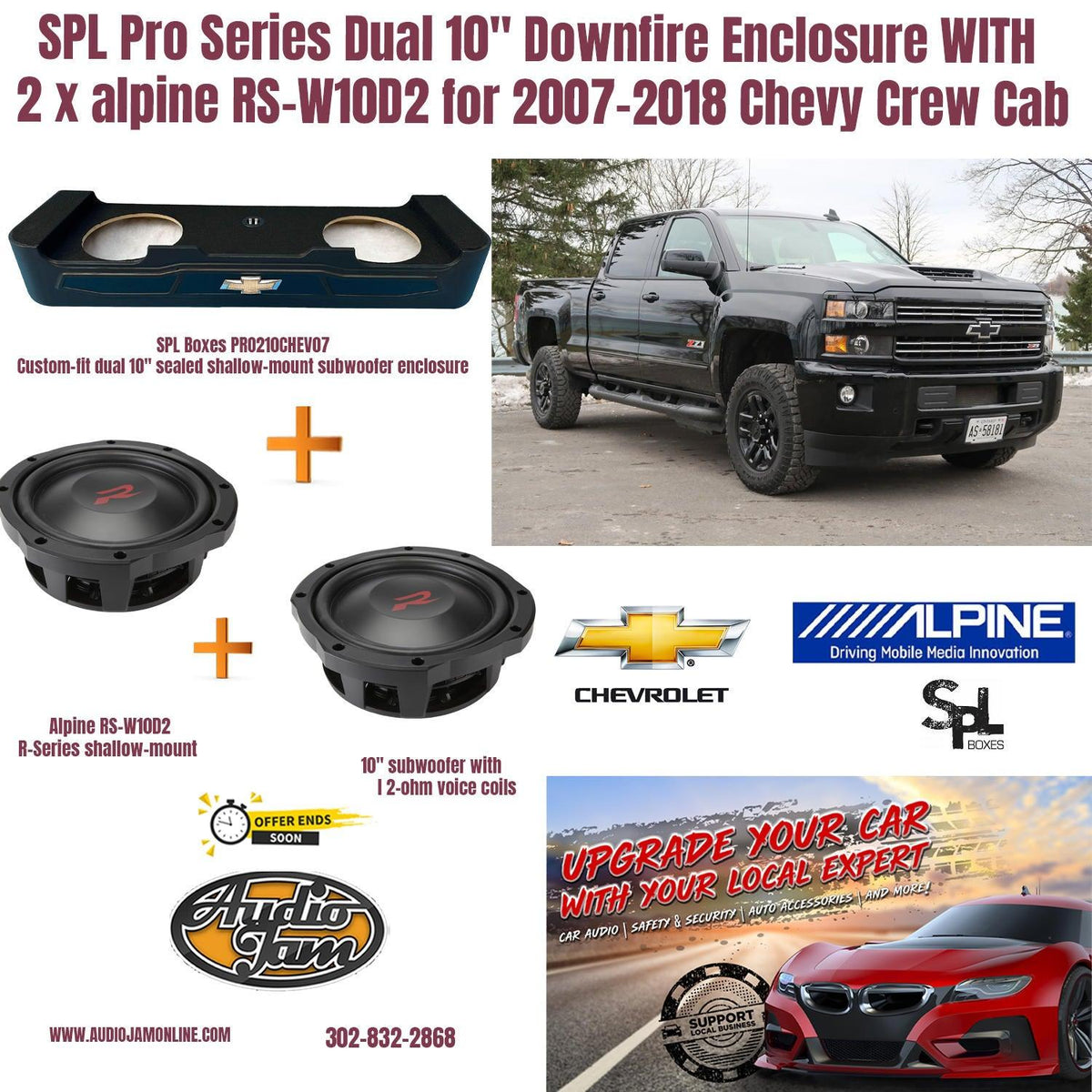 SPL Pro Series Dual 10" Downfire Enclosure WITH  2 x alpine RS-W10D2 for 2007-2018 Chevy Crew Cab