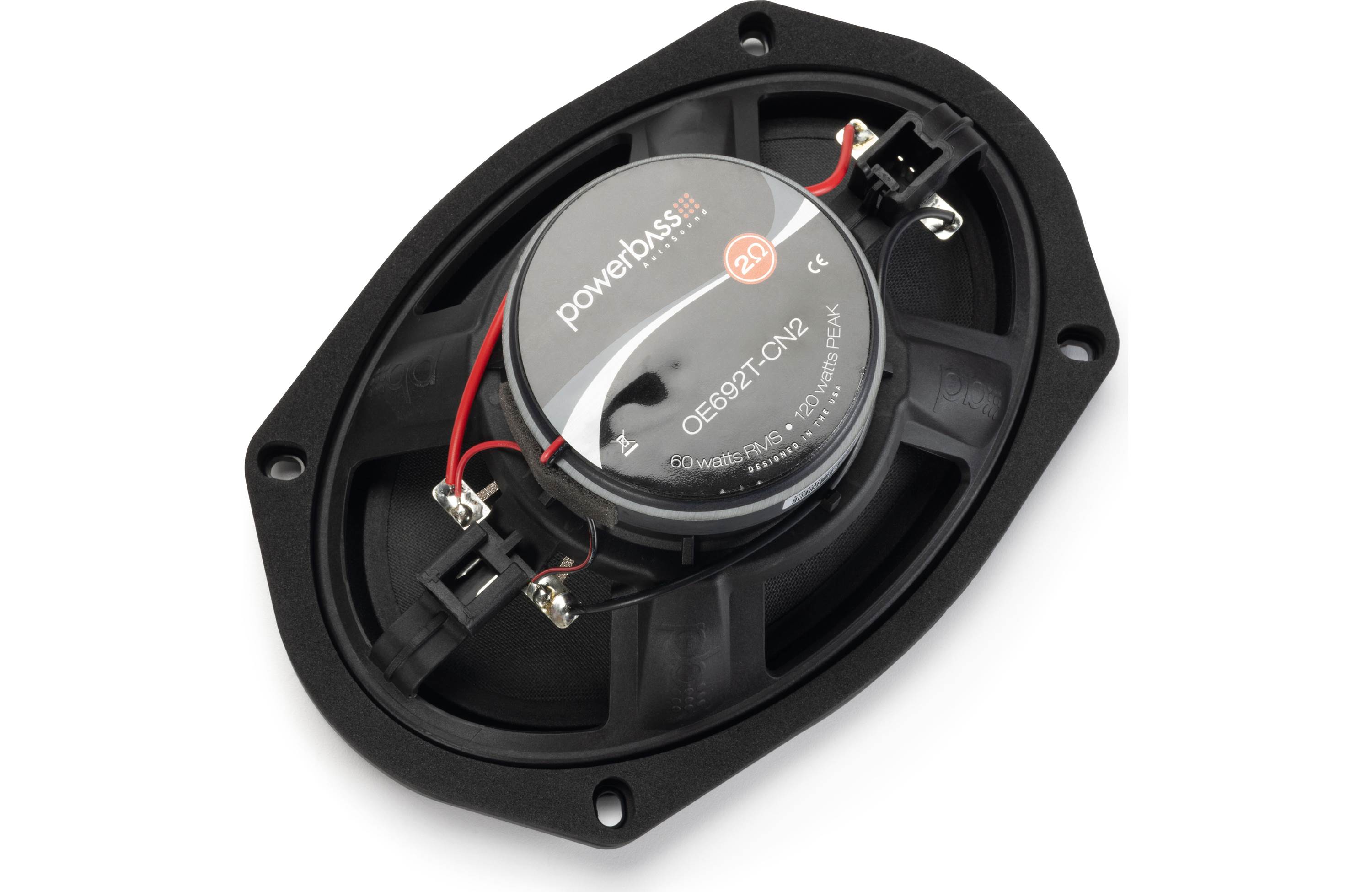 Car speaker with 'Powerbass' branding on a white background
