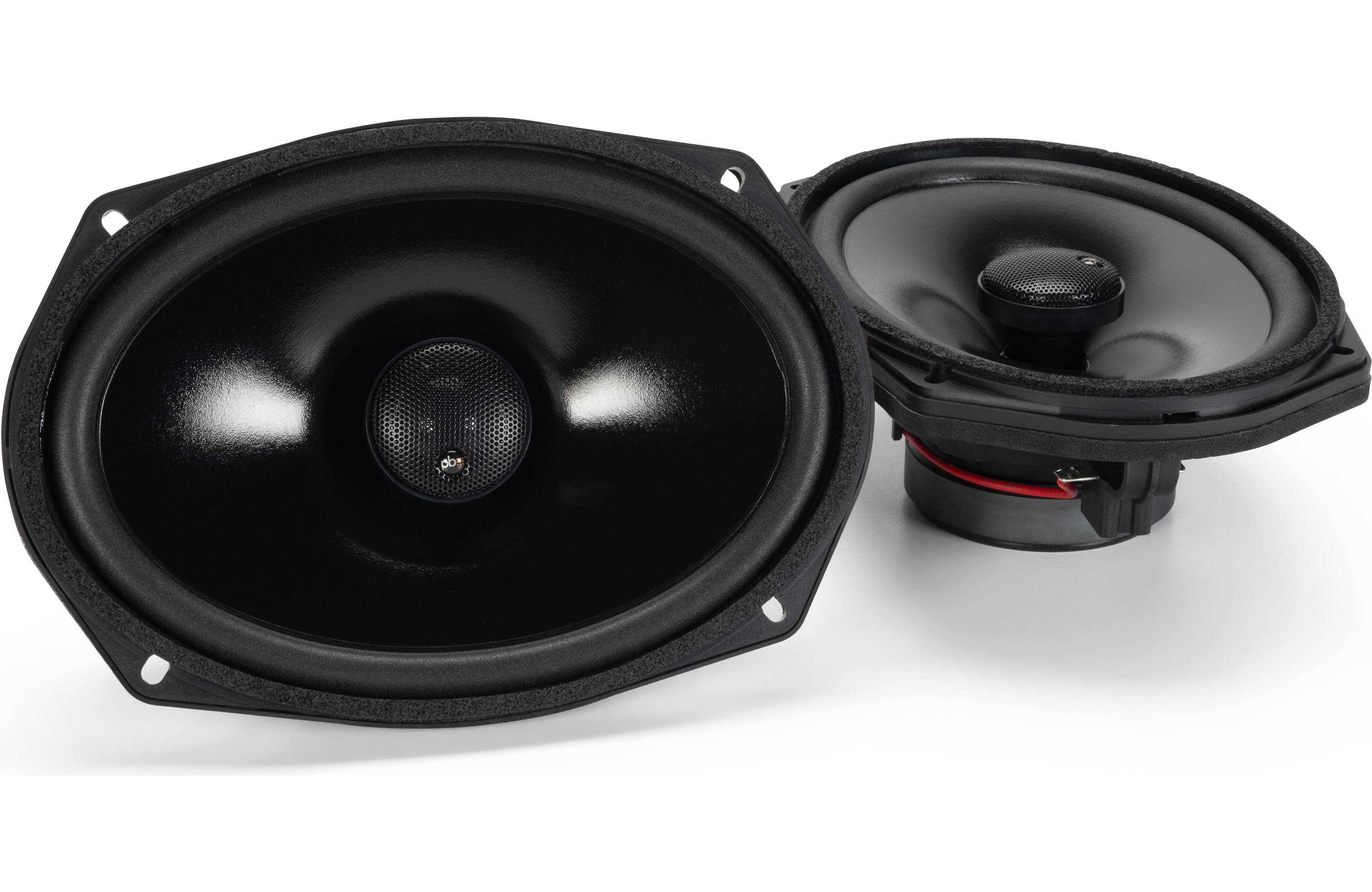 Pair of black car speakers on a white background