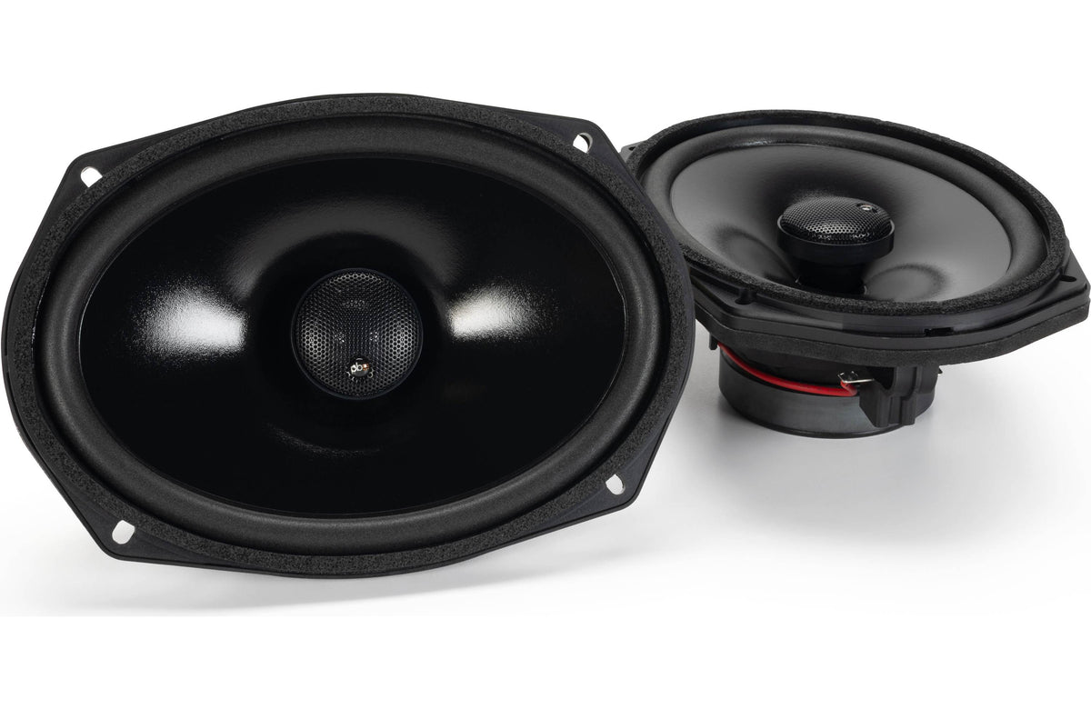 Pair of black car speakers on a white background