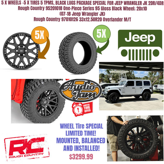 5 X WHEELS -5 X TIRES 5 TPMS, BLACK LUGS PACKAGE SPECIAL FOR JEEP WRANGLER JK 2DR/4DR  Rough Country 95201018 One-Piece Series 95 Gloss Black Wheel; 20x10 (07-18 Jeep Wrangler JK)  Rough Country 97010126 33x12.50R20 Over lander M/T