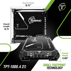 Timpano Audio TPT-1000.4 2 Ohm Compact 4 Channel Car Audio Amplifier  4x 260 Watts at 2 Ohm  High Power Stereo 12 volts Fullrange Class D Amp Bridgeable