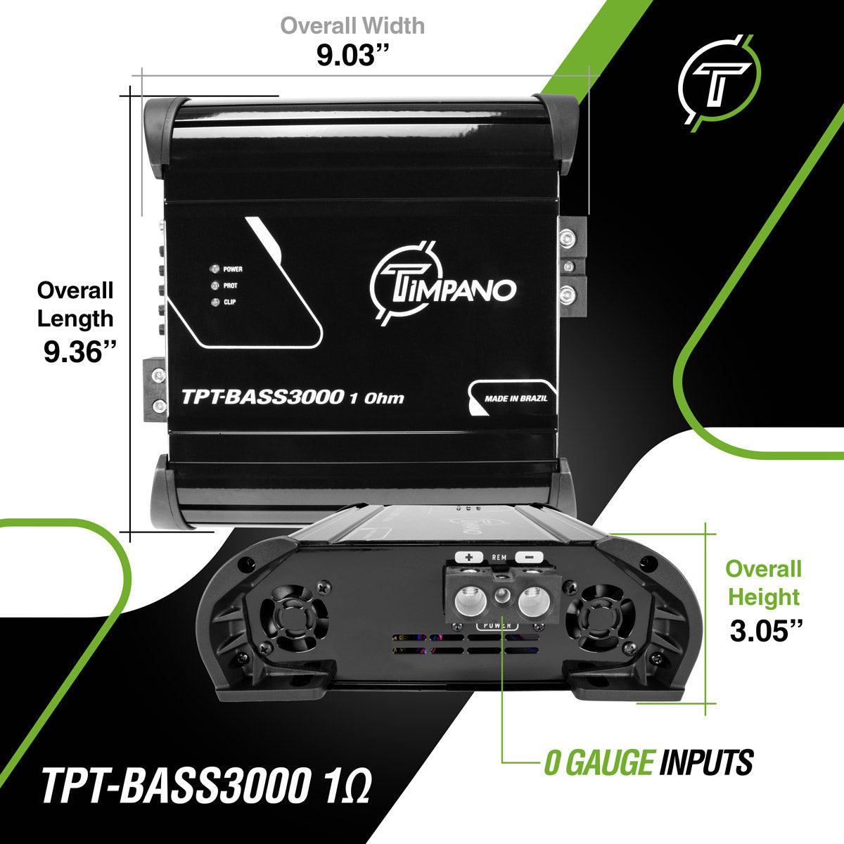 Timpano Audio KIT1xTPT-T2500-1x12D2+1xTPT-BASS30001Ohm 12" Car Audio Subwoofer Box + Amplifier Bundle 2500 Watts 1 Ohm Loaded Ported Enclosure