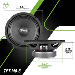 Timpano Audio TPT-M6-8 Midrange 6.5" Shallow Car Speaker 400 Watts Max Peak Power ( PAIR ) 8 Ohm OEM Replacement