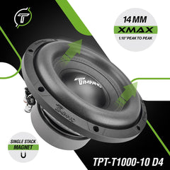 Timpano Audio TPT-T1000-10 D4 10" Car Audio Subwoofer 1000 Watts Dual 4 Ohm Deep Low Tones