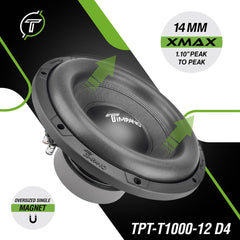 Timpano Audio TPT-T1000-12 D4 12" Car Audio Subwoofer 1200 Watts Dual 4 Ohm Deep Low Tones