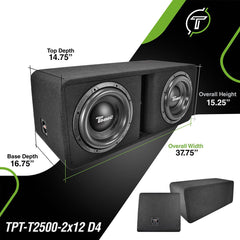 Timpano Audio KIT1xTPT-T2500-2x12D4+1xTPT-BASS30001Ohm Dual 12" Car Audio Subwoofer Box + Amplifier Bundle 3000 Watts 1 Ohm Loaded Ported Enclosure