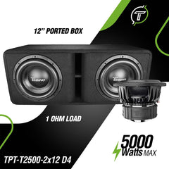 Timpano Audio KIT1xTPT-T2500-2x12D4+1xTPT-BASS30001Ohm Dual 12" Car Audio Subwoofer Box + Amplifier Bundle 3000 Watts 1 Ohm Loaded Ported Enclosure