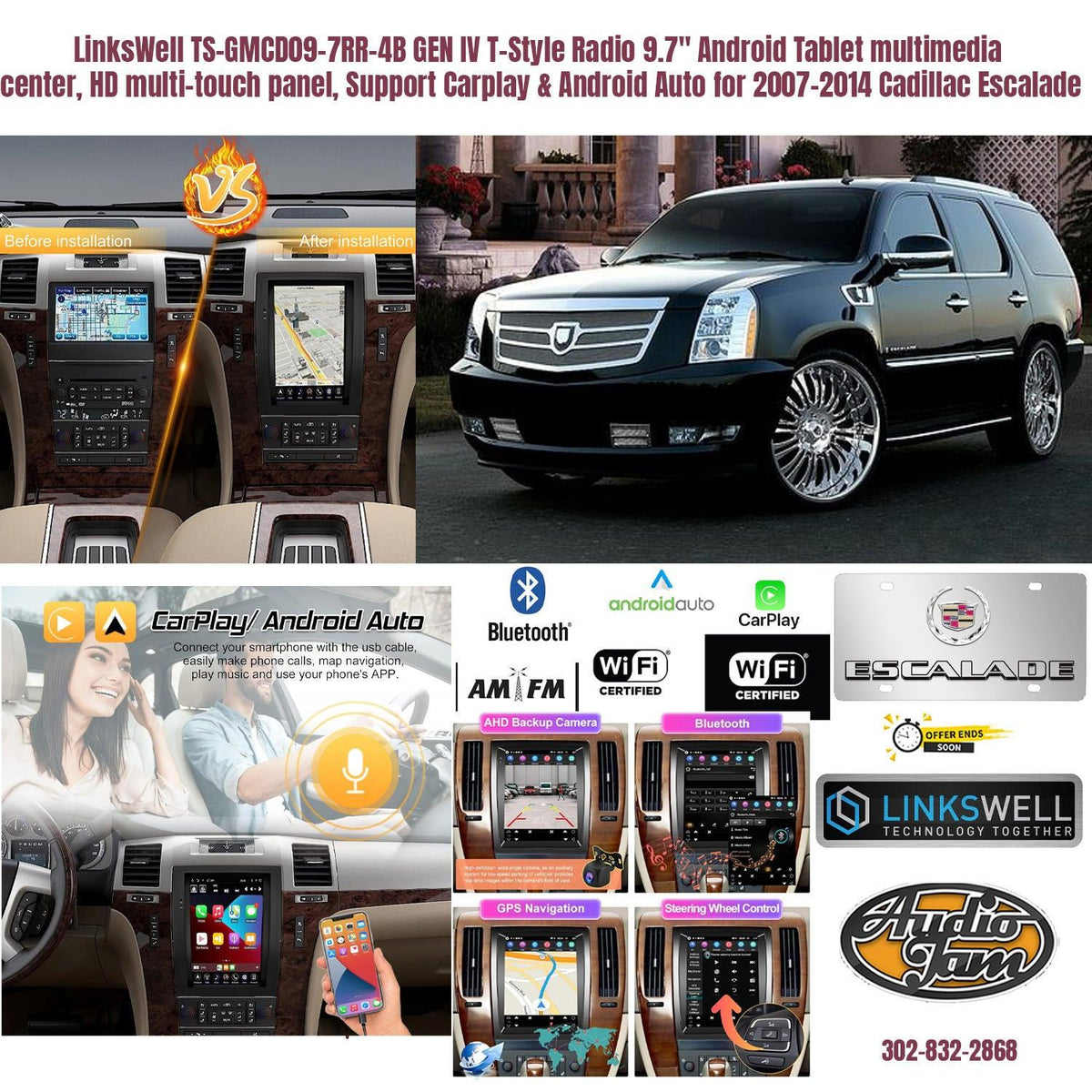 LinksWell TS-GMCD09-7RR-4B GEN IV T-Style Radio 9.7" Android Tablet multimedia center, HD multi-touch panel, Support Carplay & Android Auto for 2007-2014 Cadillac Escalade