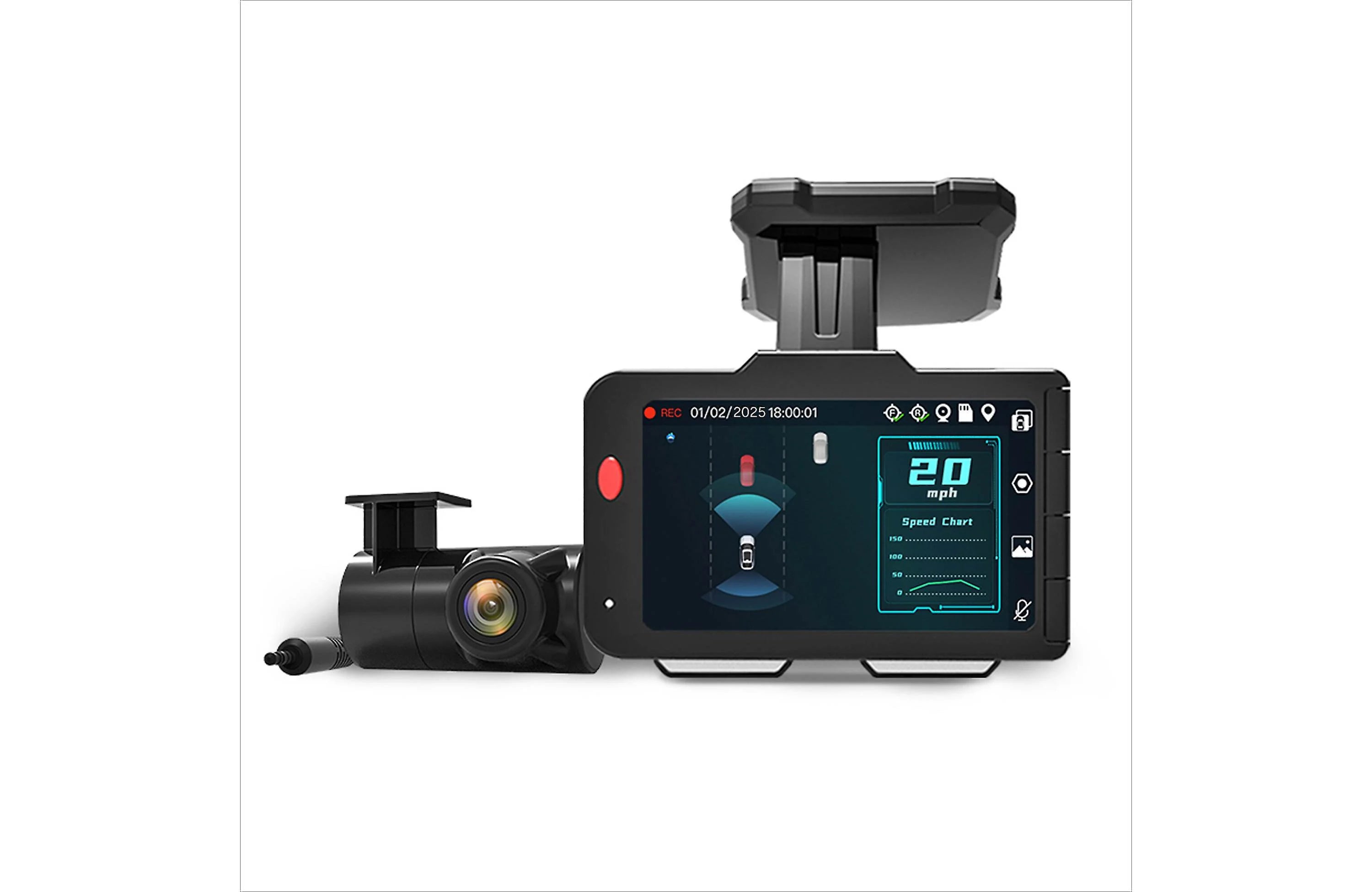 Car dashboard camera with digital display on a white background