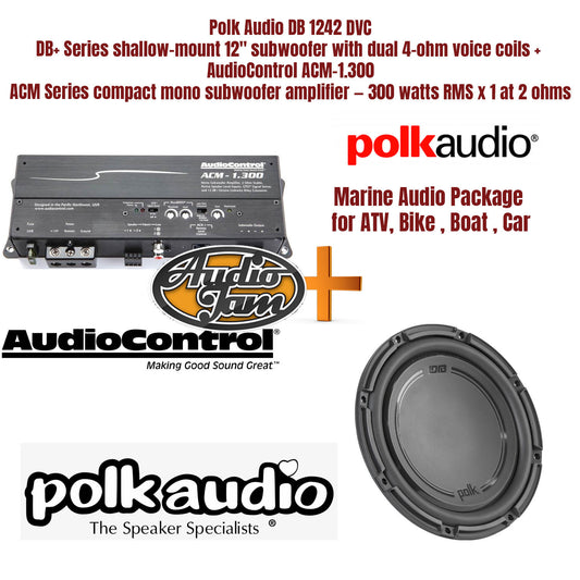Polk Audio DB 1242 DVC DB+ Series shallow-mount 12" subwoofer with dual 4-ohm voice coils +  AudioControl ACM-1.300 ACM Series compact mono subwoofer amplifier — 300 watts RMS x 1 at 2 ohms